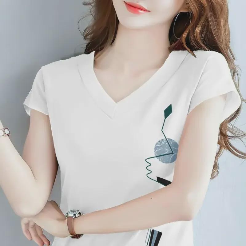 Damen 2024 V-Ausschnitt Lockeres Kurzarm-T-Shirt aus reiner Baumwolle - Sommeroberteil in Übergröße