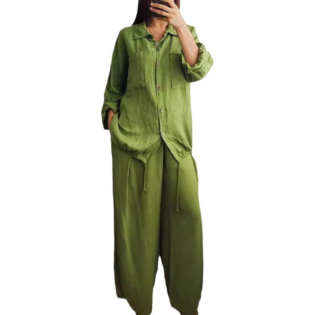 Übergrößen Freizeit-Leinenhemd & Hose Set - Einfarbige, lockere Passform für Frühling/Herbst