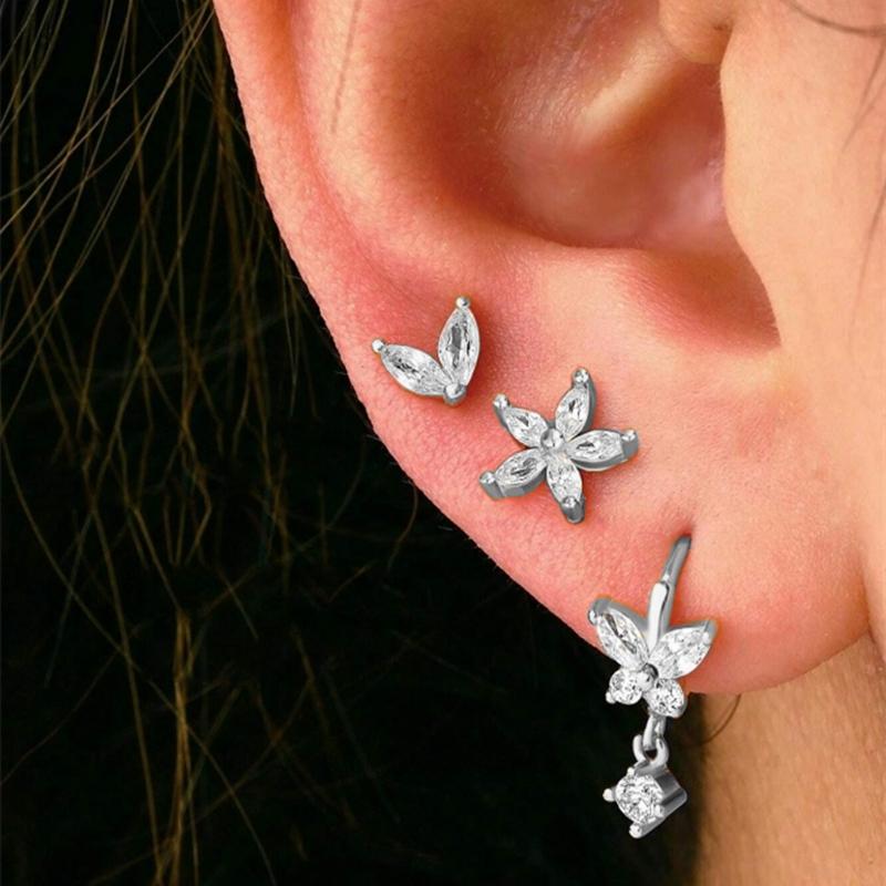 3 STÜCKE Edelstahl Goldfarben Kreis Creolen Set für Damen Einfache Zirkon Blume Ohrstecker Knorpelpiercing Schmuck