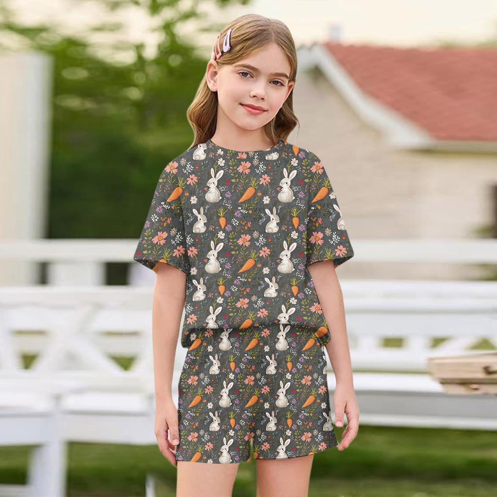 Kid Patriotic Outfit - Short Sleeve & Shorts 2-Piece Set For Girl Easter Day