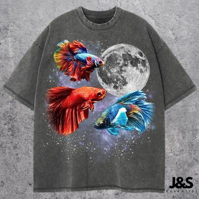 Three Betta Fish Retro Graphic T-shirts, Vintage Fighting Fish Moon Tshirt, Fish Shirt, Funny Tee, Oversized Betta Fish Shirt, Betta Tee