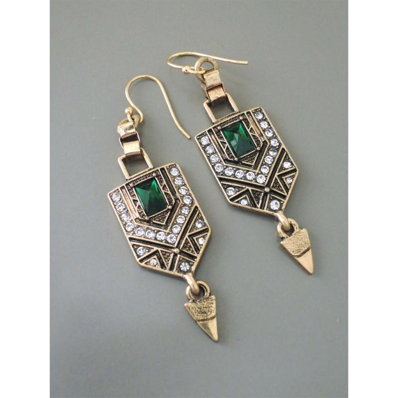 Vintage Rhinestone Ear Drops Green Glass Crystal Earrings Ancient Gold Color Earwear Stylish Accessories for Women Girls