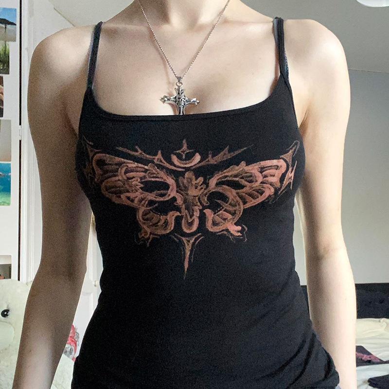 Dark Sexy Butterfly Printed Suspender Small Vest Women's American Elastic Slim Bottom Top Spice Girl New