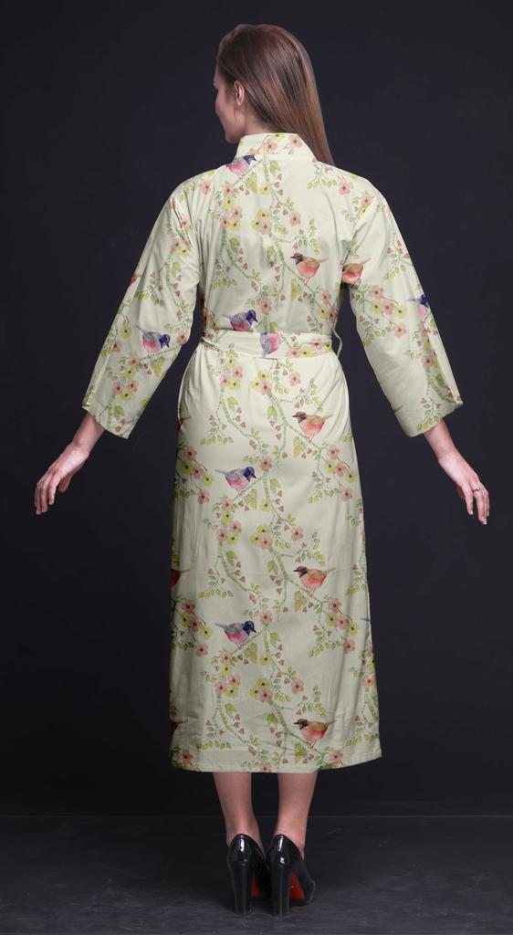 Bimba Light Purple Floral Leaves & Tazetta Daffodils Long Robes For Women Printed Bride Getting Ready Bridesmaid Robes Cotton Bathrobes