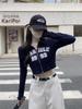American Retro Hot Girl Double Zipper Cropped Top - Slim Fit Printed T-Shirt for Early Autumn