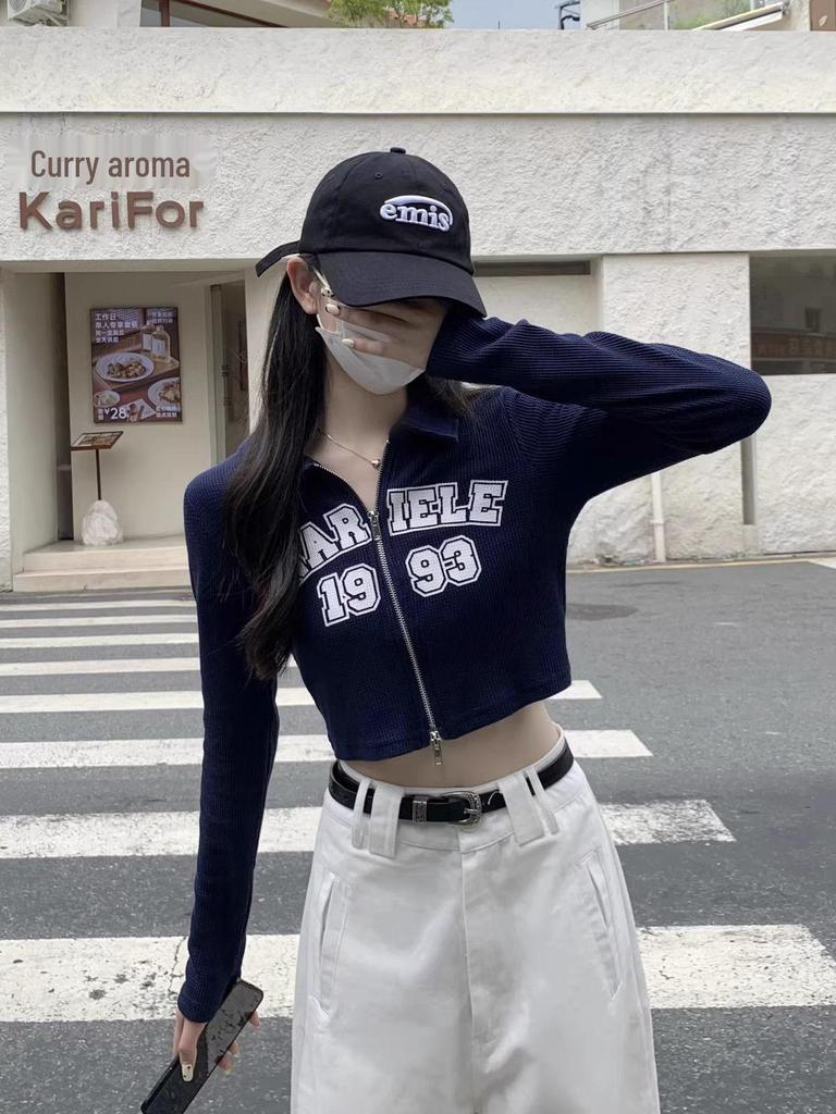 American Retro Hot Girl Double Zipper Cropped Top - Slim Fit Printed T-Shirt for Early Autumn