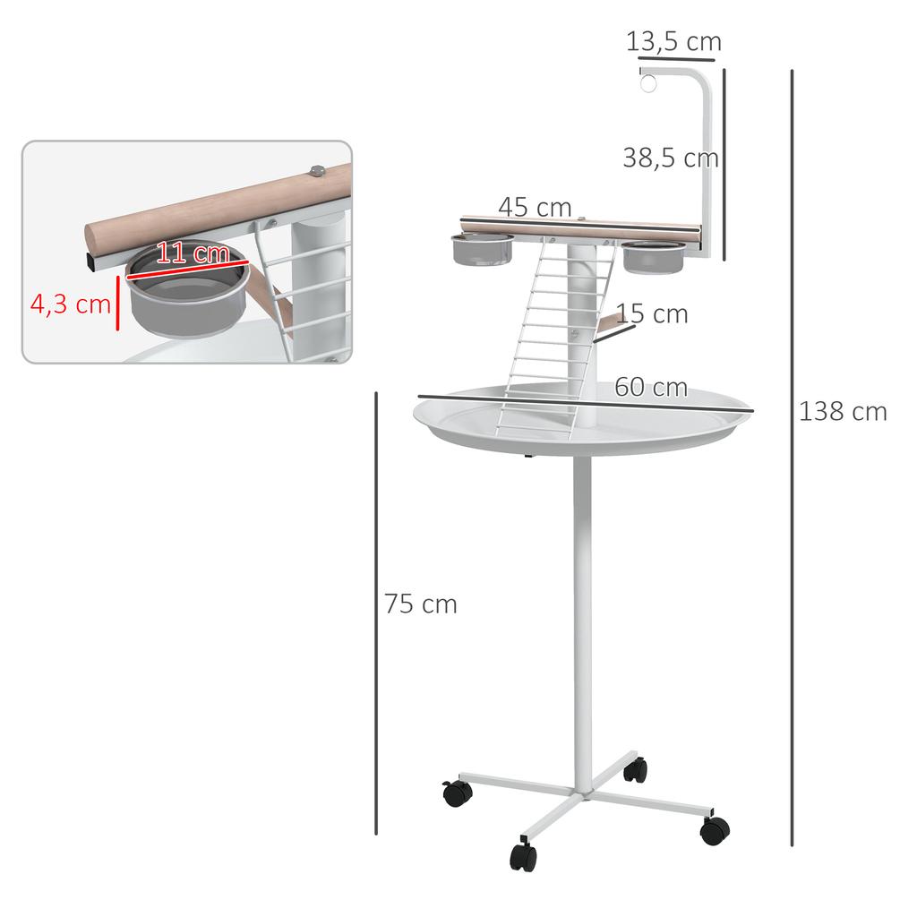 Bird Stand with Four Wheels, Perches, Stainless Steel Feed Bowls, Round Tray, for Garden, Indoor, Outdoor - White