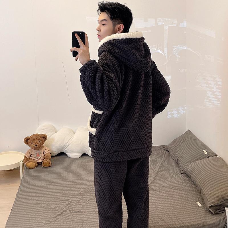 Nová pánská podzimní zimní zahuštěná sada pyžama z korálového rouna, plyšový domácí oblek s kapucí na zip, s dlouhým rukávem, flanelová 2dílná sada, pyžamo, teplé noční prádlo