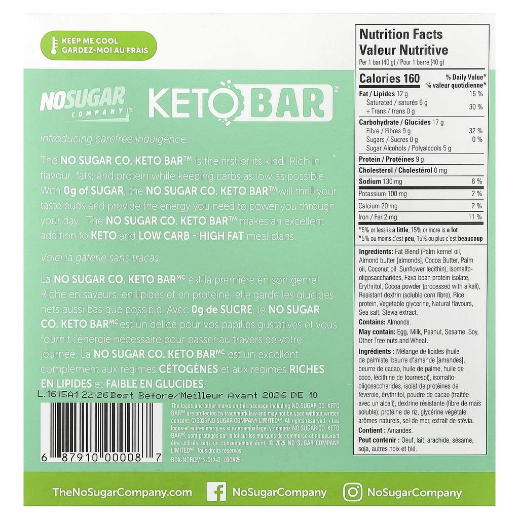 No Sugar Company Keto Bar™, Chocolate Mint, 12 Bars, 40g Each