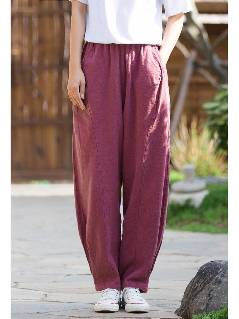 2025 Spring & Summer Loose Fit Ramie-Cotton Women's Yoga Pants - Sand-Washed Casual Bloomers