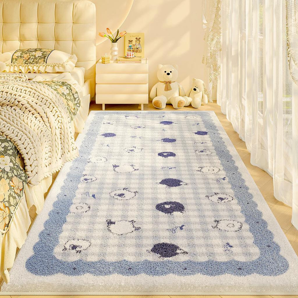 Plaid Cartoon Bedroom Bedside Carpet Light Luxury High End New Cute Carpets Girl Bedroom Children Room Thick Plush Soft Rug 