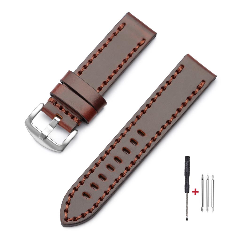 Ručně šitý Kožený Řemínek na Hodinky Vintage Voskovaný Vrchní Vrstva Kůže Řemínek na Hodinky 18mm 20mm 22mm 24mm pro Pánské Hodinky