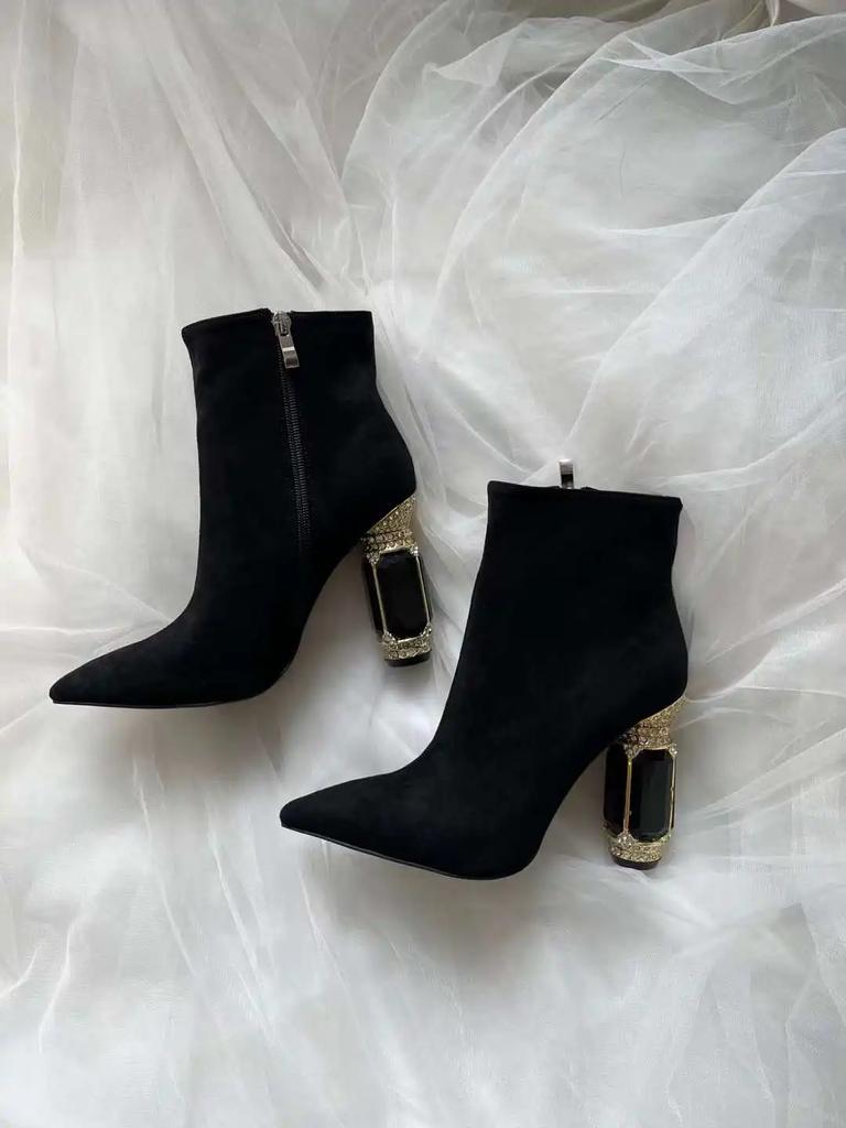 Mode Schwarz/grün Grüner Edelstein Absatz Stiefeletten Wildleder High Heel Stiefel Spitz Zehenbereich Seitenreißverschluss Mode Damenschuhe Kurz-/Langstiefel