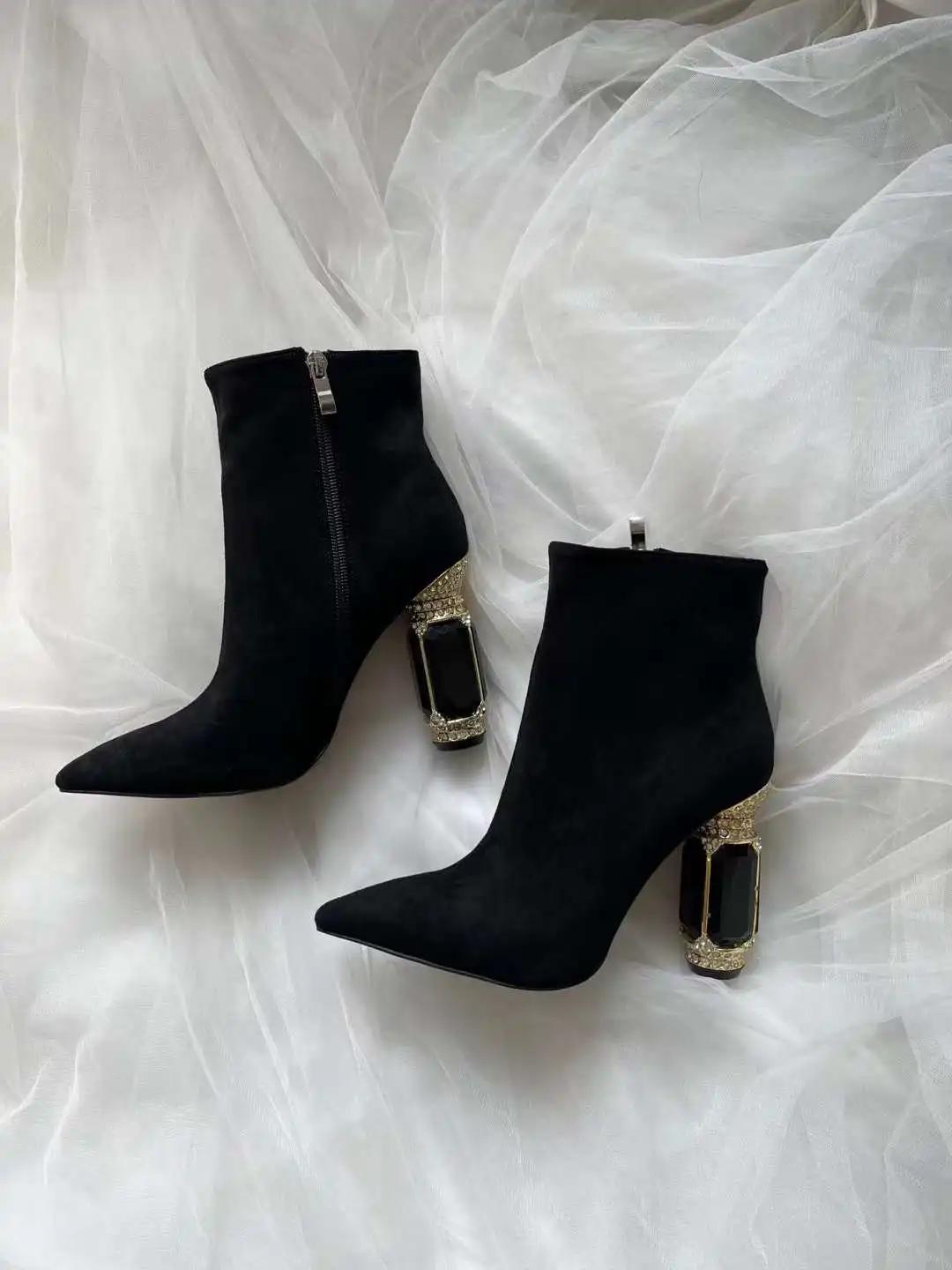 

Модные черные/зеленые ботильоны на каблуке с драгоценным камнем, замшевые ботинки на высоком каблуке, с острым носком и боковой молнией, модная женская обувь, короткие/длинные ботинки 35