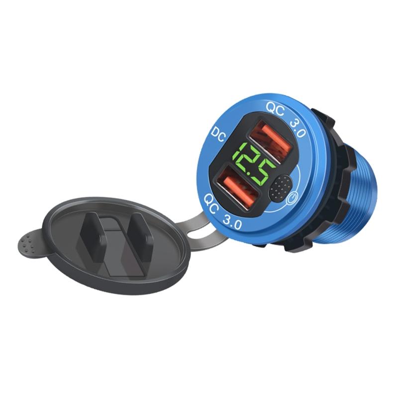 Dual QC3.0 Port USB Car Charger Adapter12-24V with Voltmeter ON/Off Switch