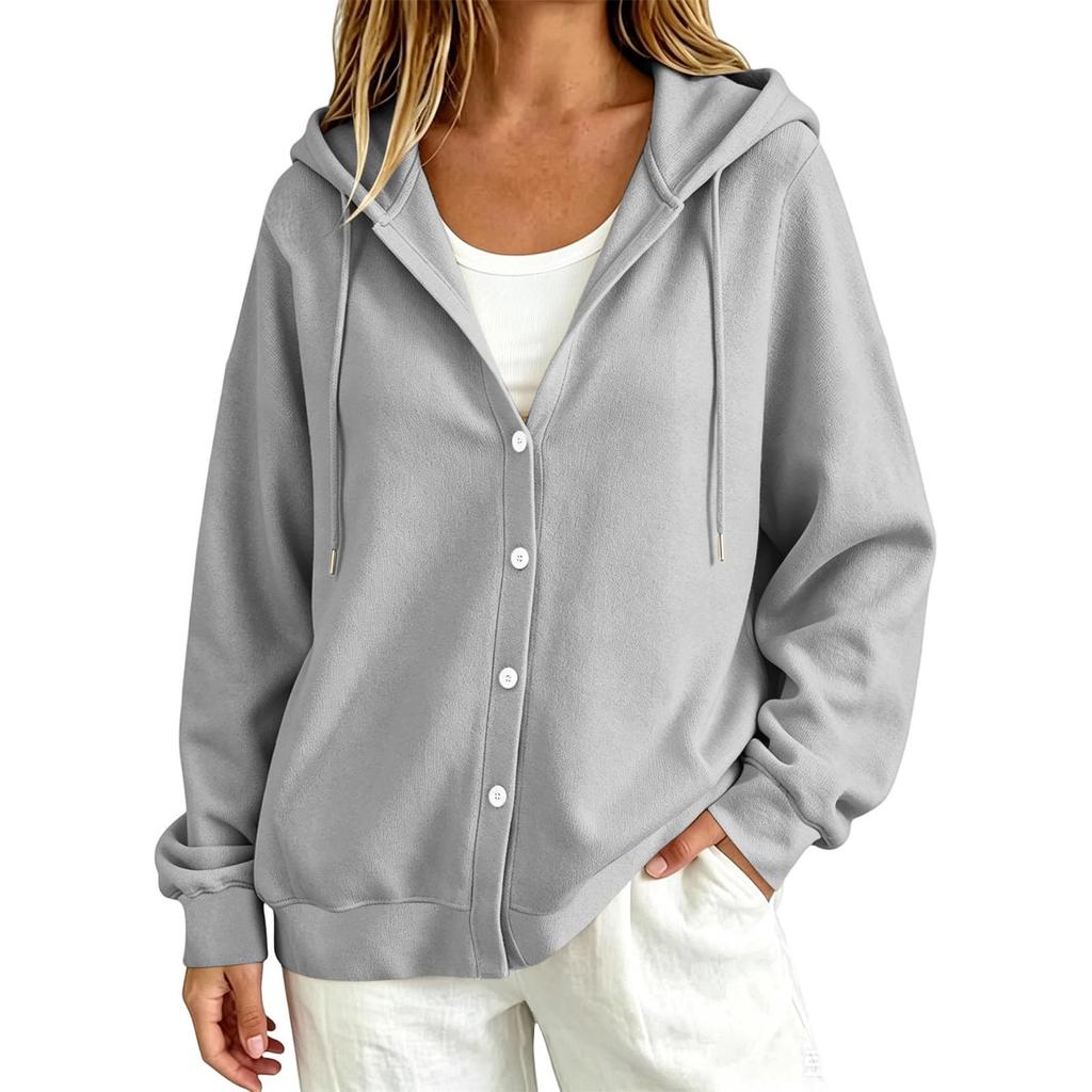 Women's Casual Color Hooded Long Sleeve Button Front Loose Fit Jacket for Daily Wear