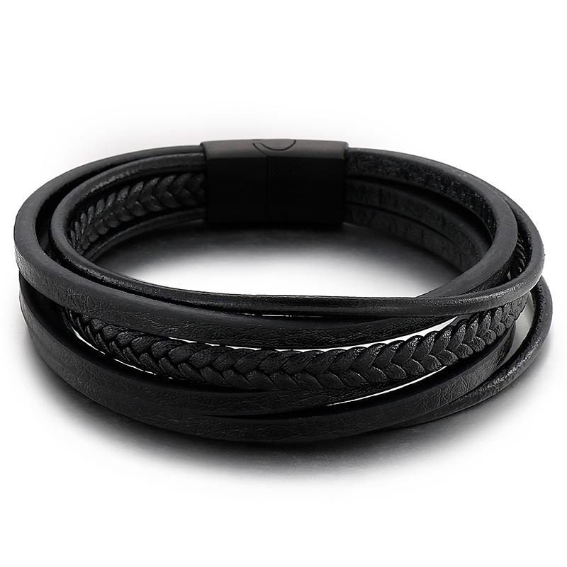 KALEN Personality Multi-layer Charms Bracelet Men Black Cowhide Leather Jewelry Bracelets 18.5cm