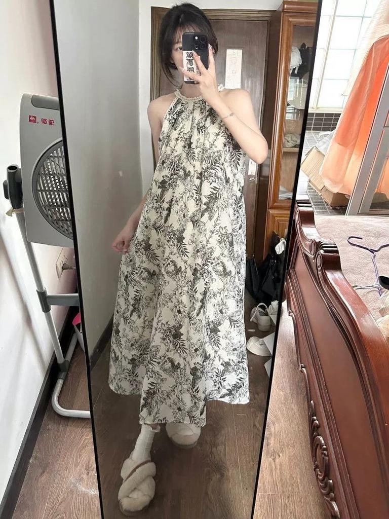 New Chinese style ink tie-dye suspender dress women's summer loose and thin small long dress off-the-shoulder a-word skirt