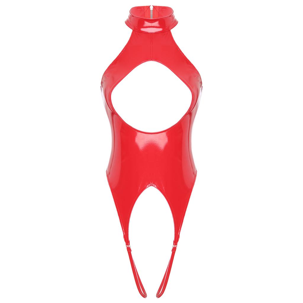 Γυναικείο Wet Look λουστρίνι κορμάκι Mock Neck Αμάνικο Δελεαστικό Catsuit Jumpsuit Nightwear