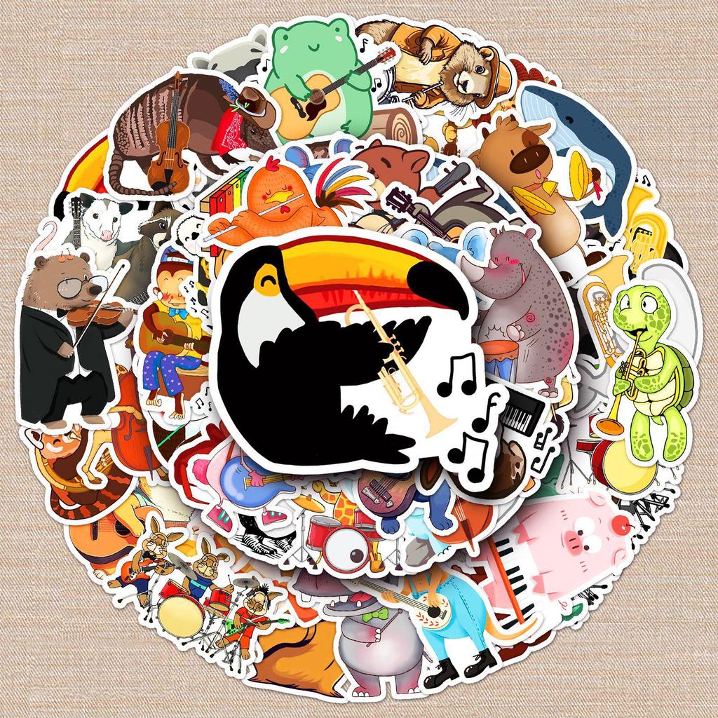 50 Animal Concert Doodle Stickers: Cartoon Instrument Designs for Water Bottles, Computers, and Phone Cases