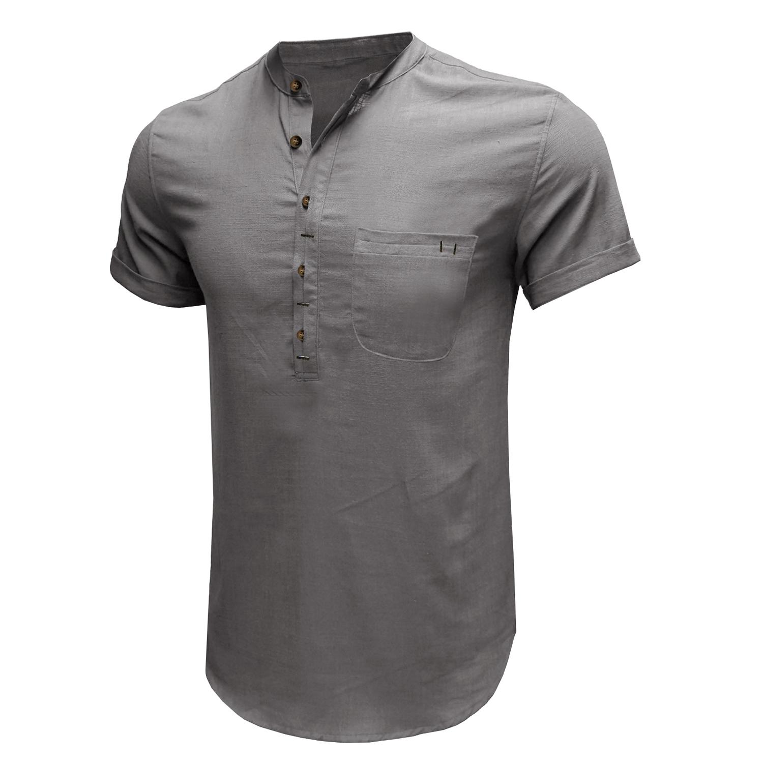 

Men’s Henley Shirts Cotton Linen Short Sleeves Solid Color Tops with Pocket Lightweight Casual Holiday Daily Wear Summer Beach T Shirts XXL сірий