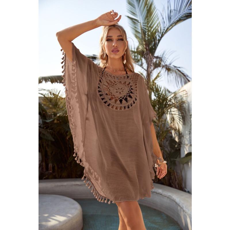 New Fashion Lace Beach Dress Sexy Women Irregular Cover Up Hollow Loose Seaside Dress Large Size Tassel Bikini Style Casual Summer Solid Clothing