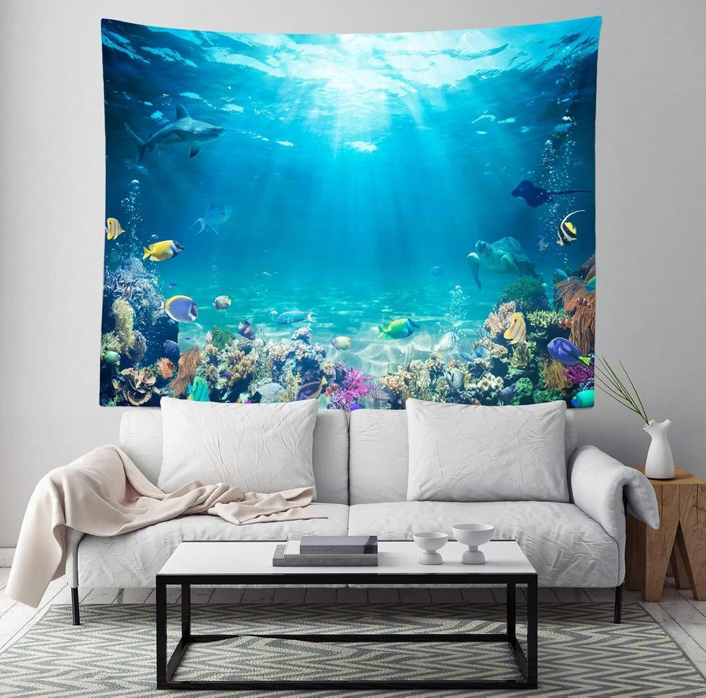 Underwater World Tapestry Blue Ocean Wall Hanging Under The Sea Coral Reef Wall Tapestry Tropical Fish Tank Undersea Tapestries