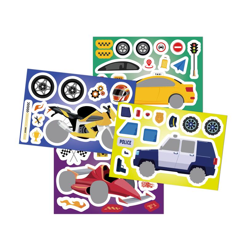 8 Sheets Motorcycle Excavator Various Vehicle Combinations Diy Decal Fire Truck Ambulance Puzzle Stickers Gifts Decoration