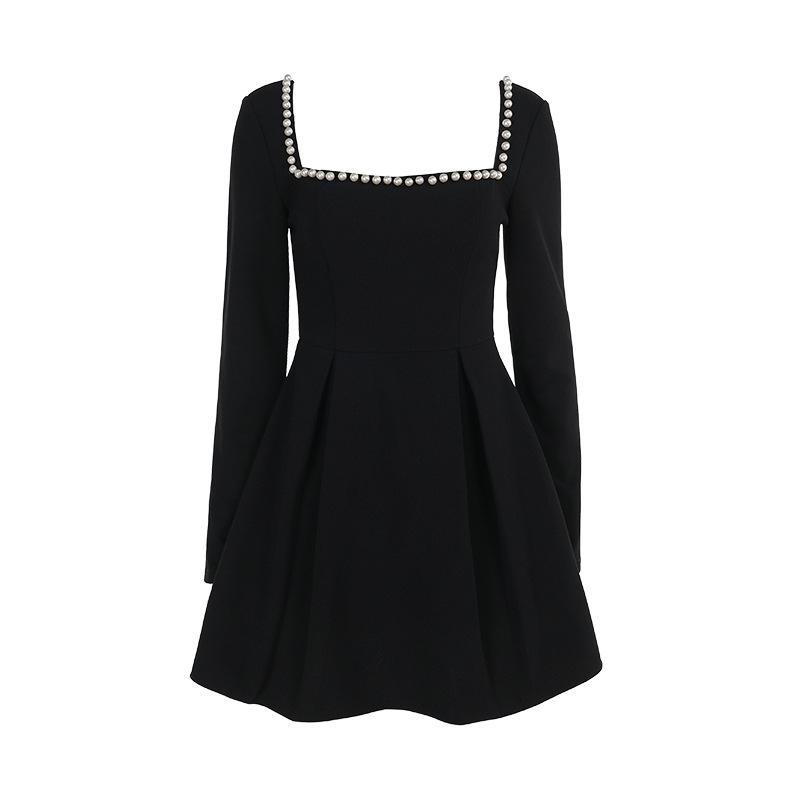 Autumn Bag Hip Dress Fashion Temperament Slim Pearl Square Collar Dress Woman