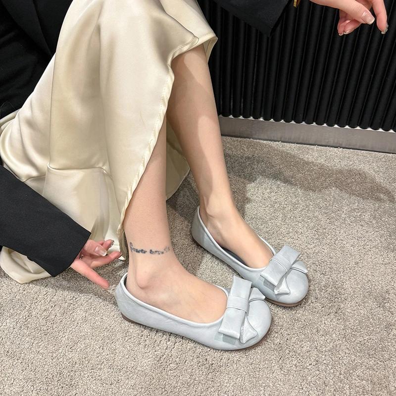 Fashion Spring Butterfly-knot Flat with Flats Round Toe Solid Shallow 2025 High Quality Ladies Shoes Sweet Flats
