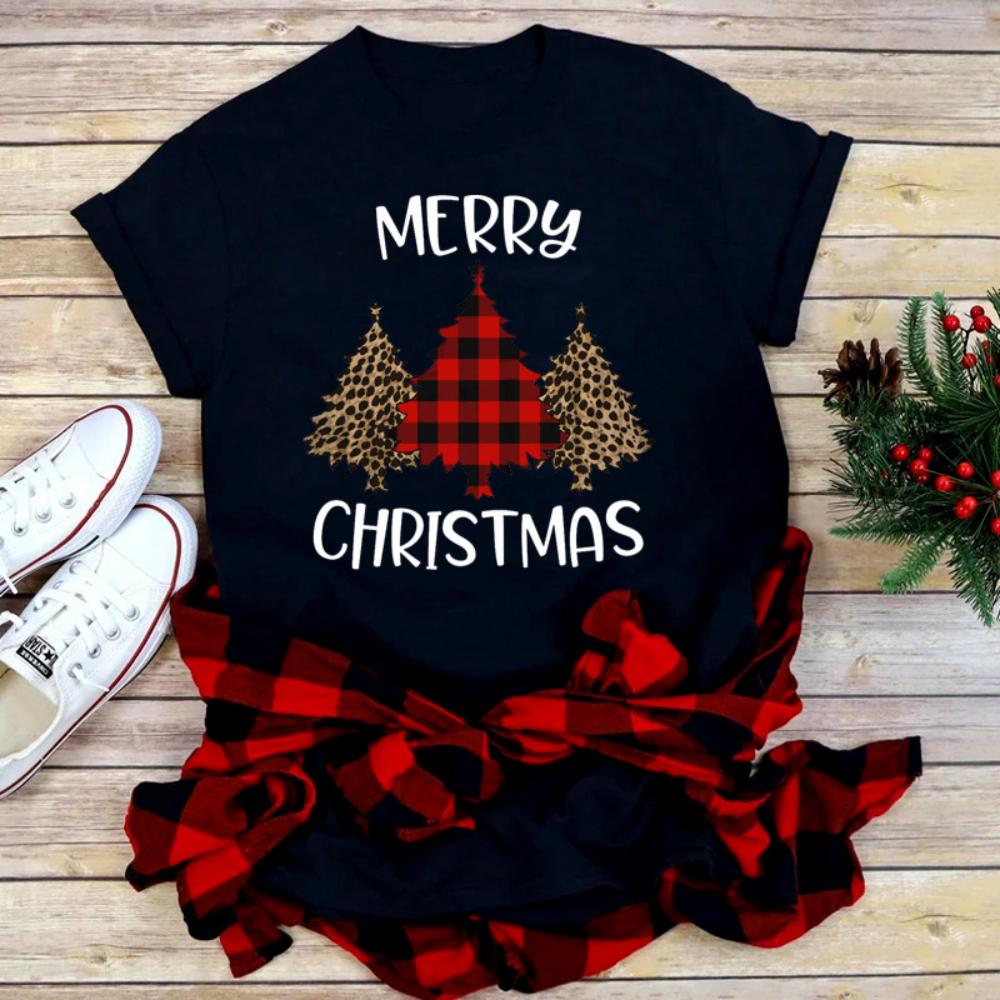 Casual Loose Fit Christmas Tshirt for Women Funny Cartoon Shiny Xmas Tree Print Top Holiday Festival Daily Streetwear Tee