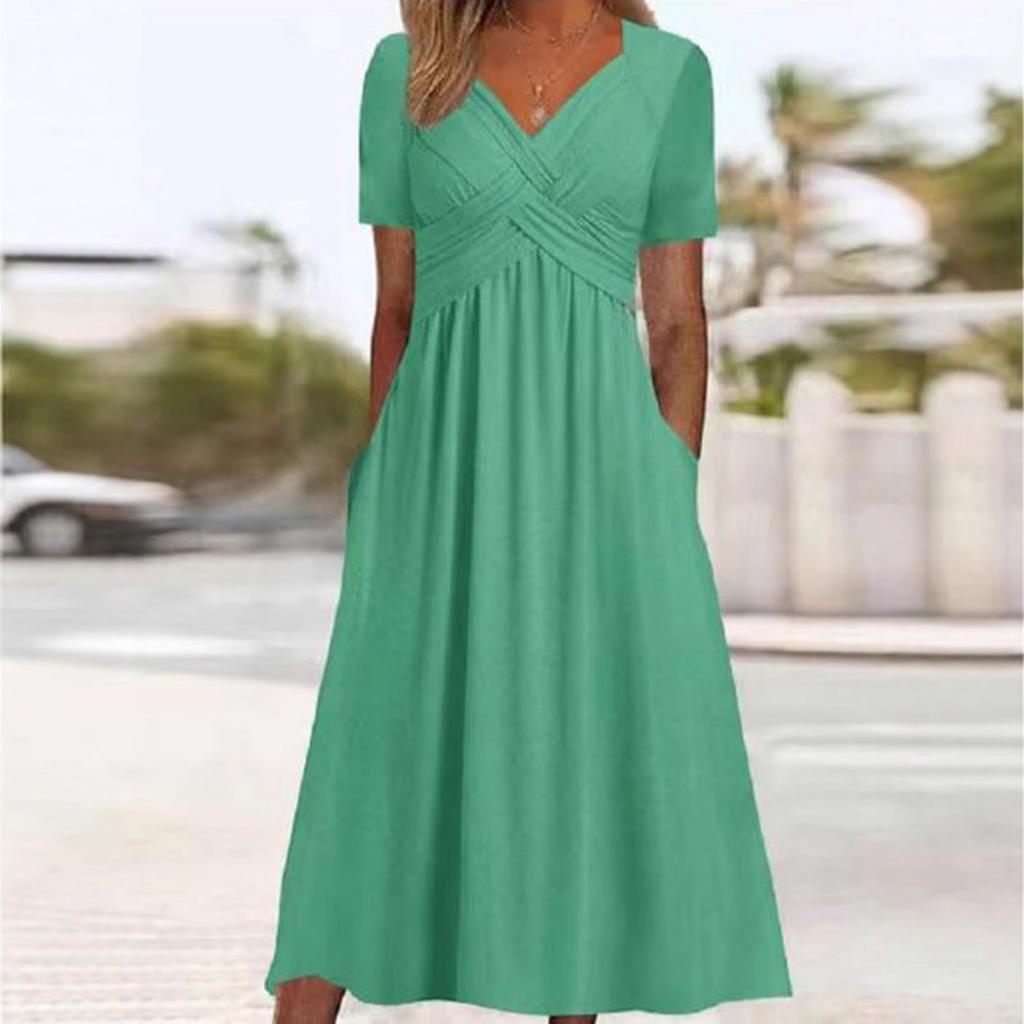 Fall New Women's Dress, Fashion Solid Color V-neck Short Sleeve Pocket Casual Dress for Women