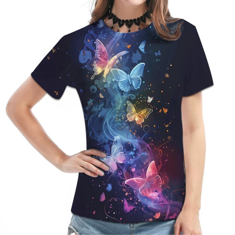 

Women sShort-Sleeve Tee - Pastel Butterfly & Floral Graphic Print, Sparkling Dreamy Design Casual Top, Stylish Daily S