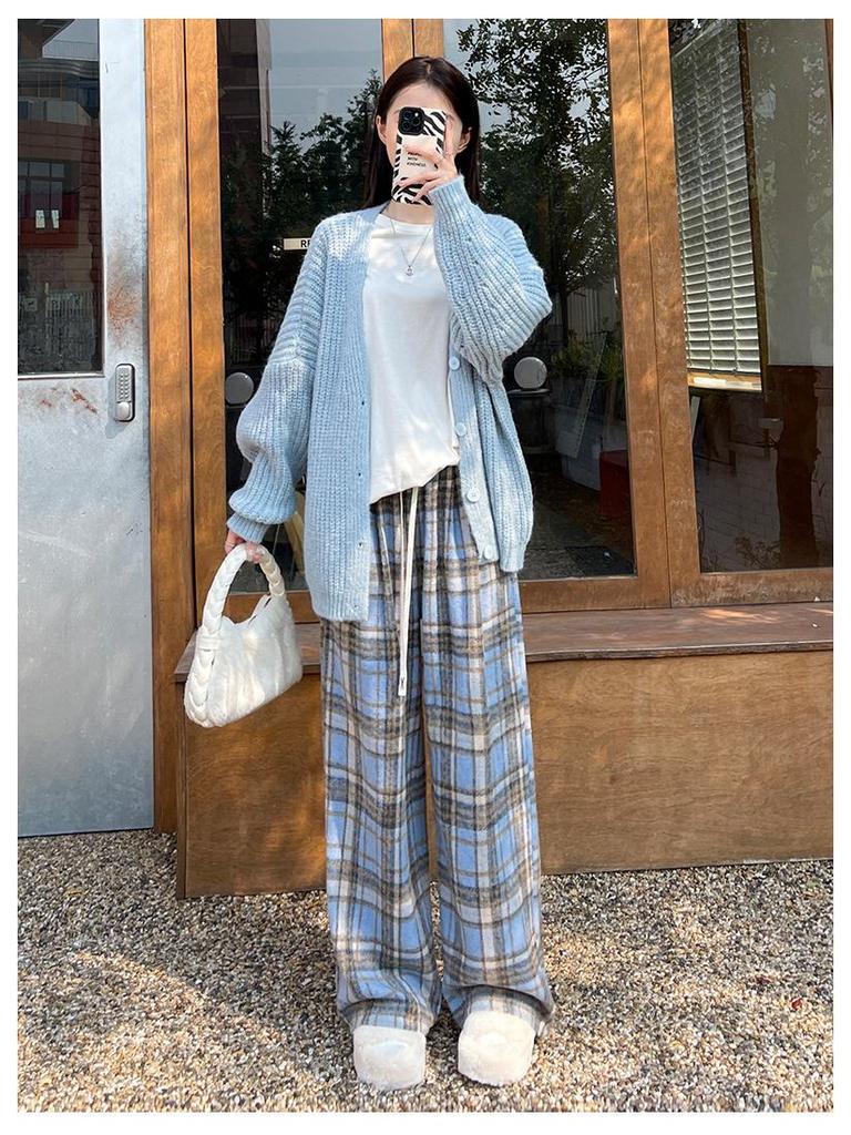Women's Plaid Velvet-Lined Wide-Leg Pants - Autumn/Winter 2025 Retro Style