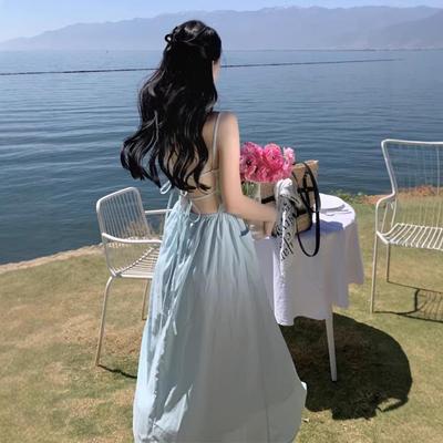 Blue Backless Spaghetti Strap Maxi Dress for Women - French Style A-line Beachwear