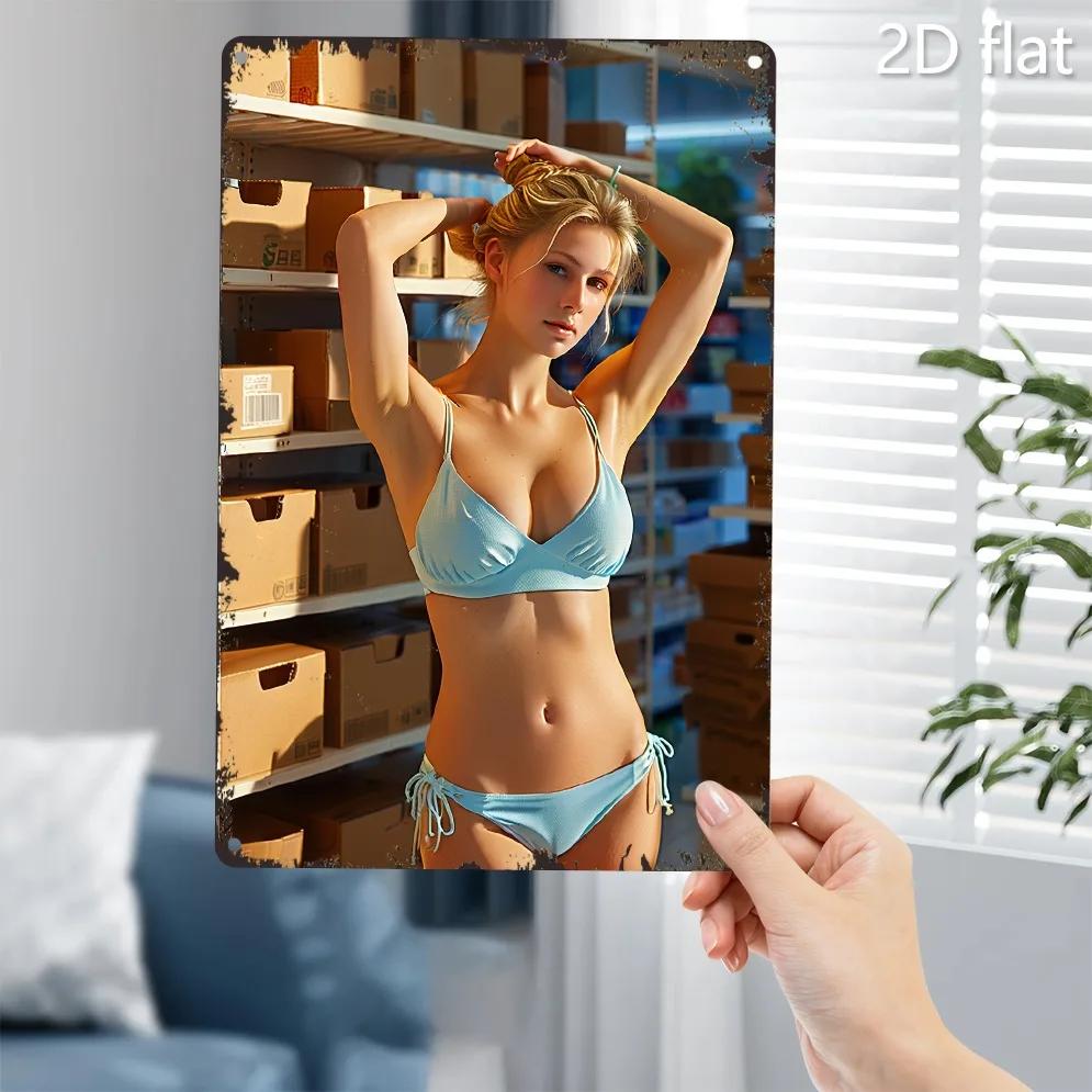 Vintage Metal Wall Sign 2D Bikini Girl Industrial Tin Art Decor Weatherproof Indoor Outdoor