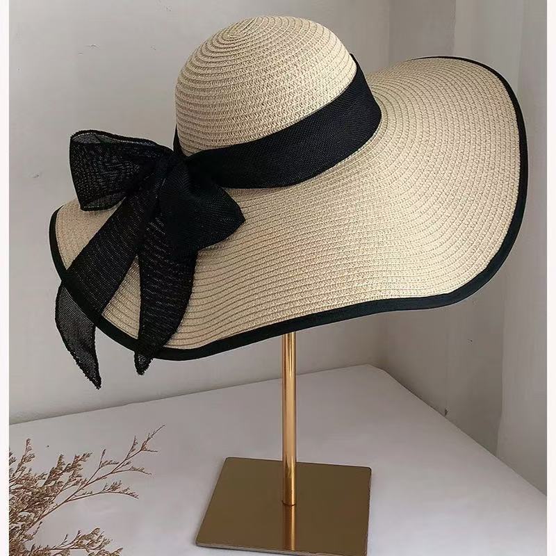 New bow lace straw hat women's summer seaside beach vacation sun hat large brim sun protection hat