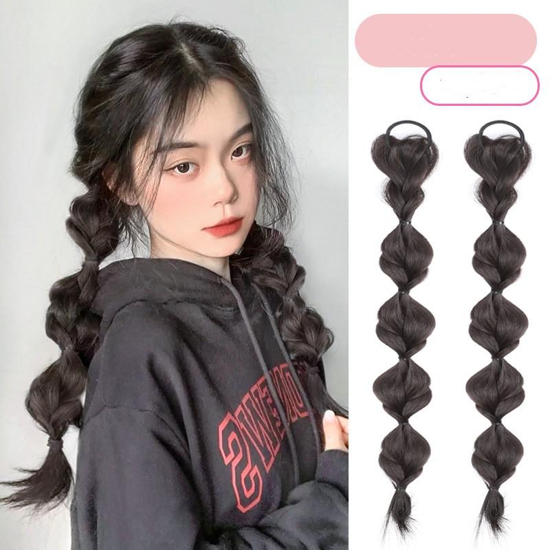 2 Pcs/set Synthetic Bubble Twist Ponytail High Elastic Wig Women Hair Side Natural Lantern Wig Braid Black Tail Hairpiece