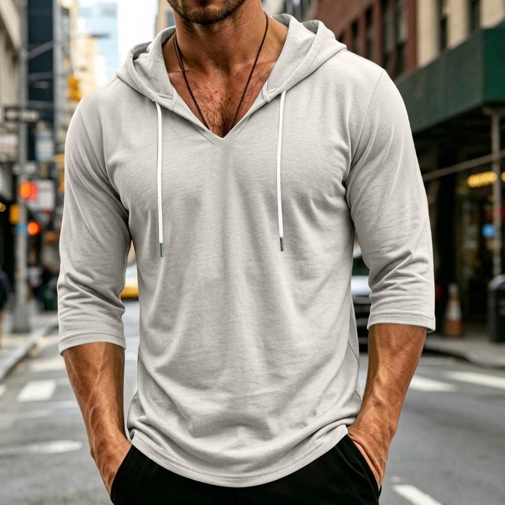 Men's Loose Fit Casual Hoodie Lightweight Pullover with 3/4 Sleeve Drawstring Hooded Shirt for Everyday Wear
