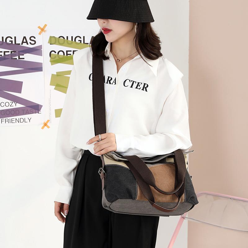 Women's Contrast Canvas Tote Bag Female Large Capacity Contrast Stitching Bag Shoulder Handbag