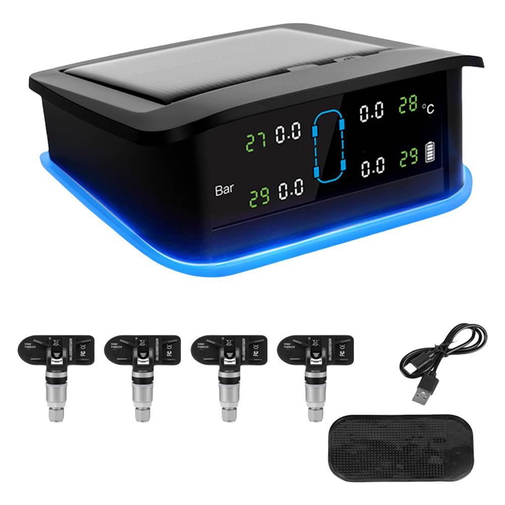Tire Pressure Monitoring System with 4 Sensors USB/Solar TPMS Tyre Temperature Monitor for Car SUV Sedan