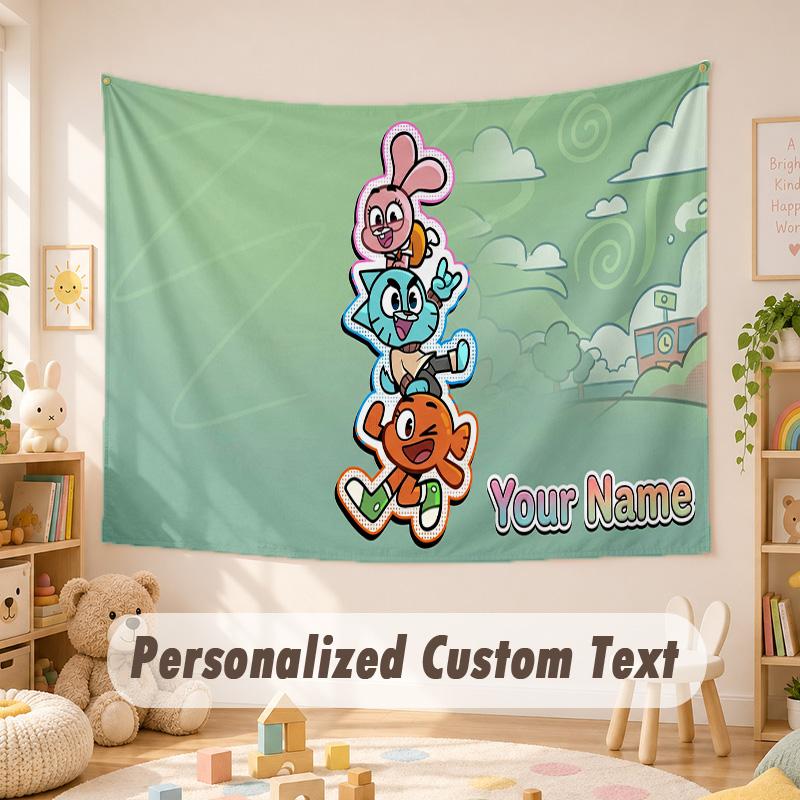 Arazzo con Testo Nome Personalizzato, Incredibile Mondo di Gumball Boho da Appendere al Muro, Arazzo Decorativo da Sfondo per Stanza