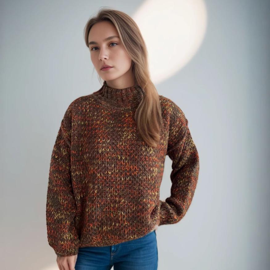 

New autumn and winter semi high neck contrasting sweater women s casual long sleeved thick commuting knitted pullover 3588 EMA L коричневый