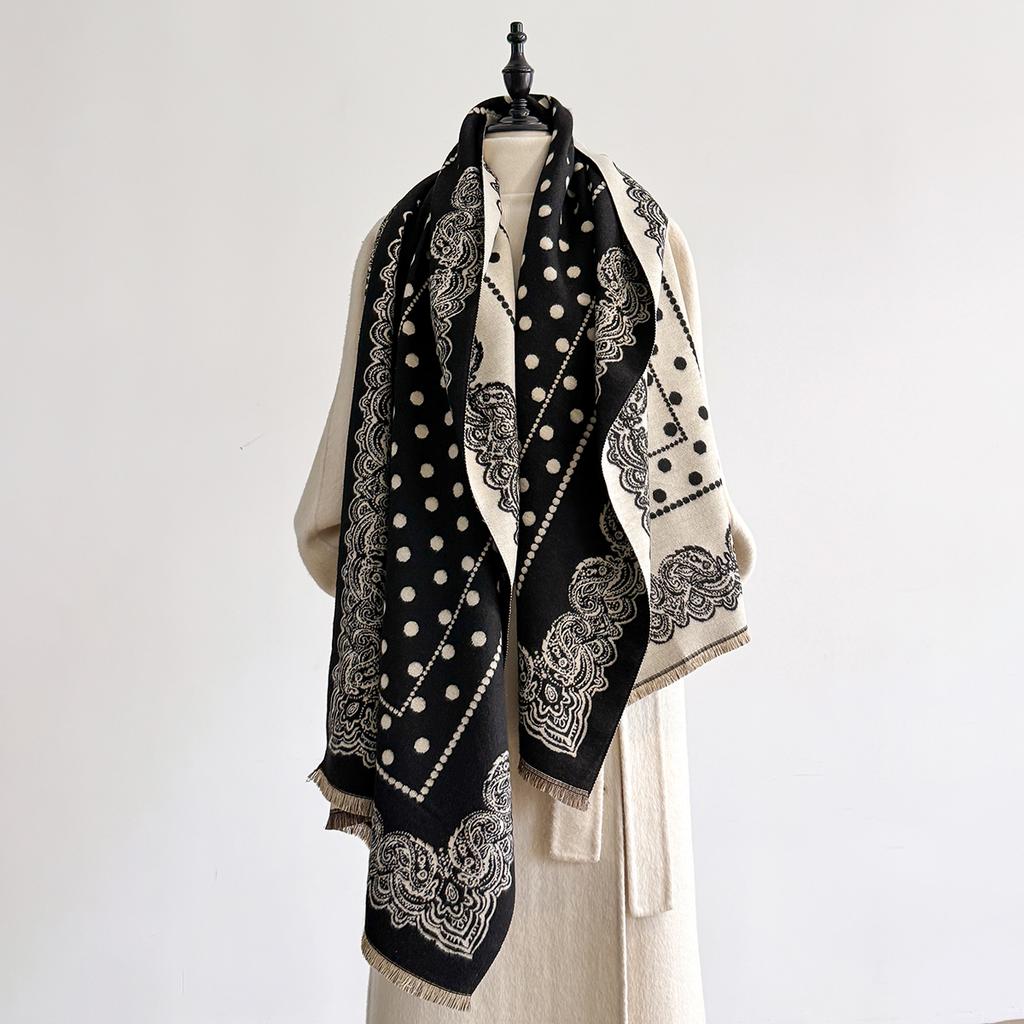 Luxury Women'S Cashmere Scarf - Winter Warm Tasseled Striped & Polka Dot Printed Pashmina Shawl, Foulard & Poncho