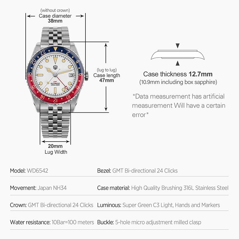 Watchdive WD6542 Luxury Watch NH34 Mechanical Movement Bubble Ball Sapphire Crystal BGW9 Night Light 10Bar Waterproof 38mm GMT