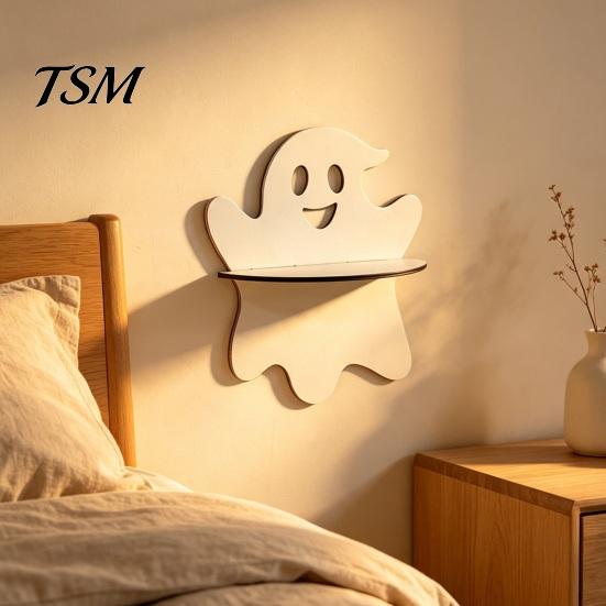 Holiday Home Decoration Halloween Wooden Wall Shelf, Ghost Bat Shape Hanging Organizer for Spooky Room Accents Decor, Farmhouse Display Rack, Festive