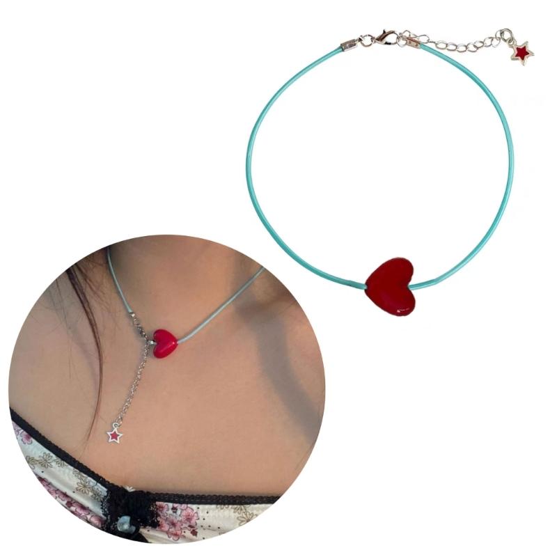 Fashion Red Heart Neck Chain Sweet Temperament Clavicle Chain Necklace Adjustable Choker Jewelry Gift for Women Girls