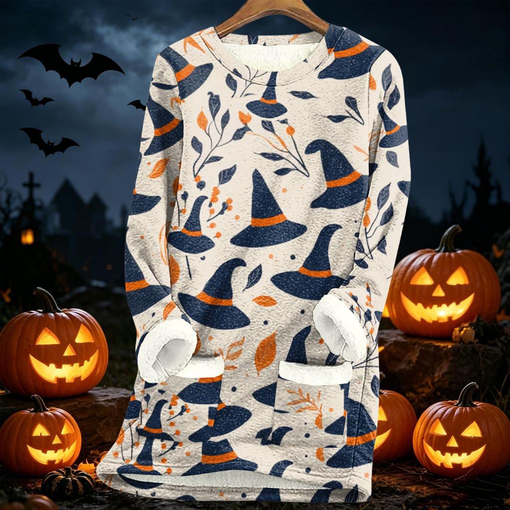 Womens Long Sleeve Fleece Lined Pullover Dress Halloween Pumpkin Print Thick Sherpa Sweatshirt Tunic for Fall Winter