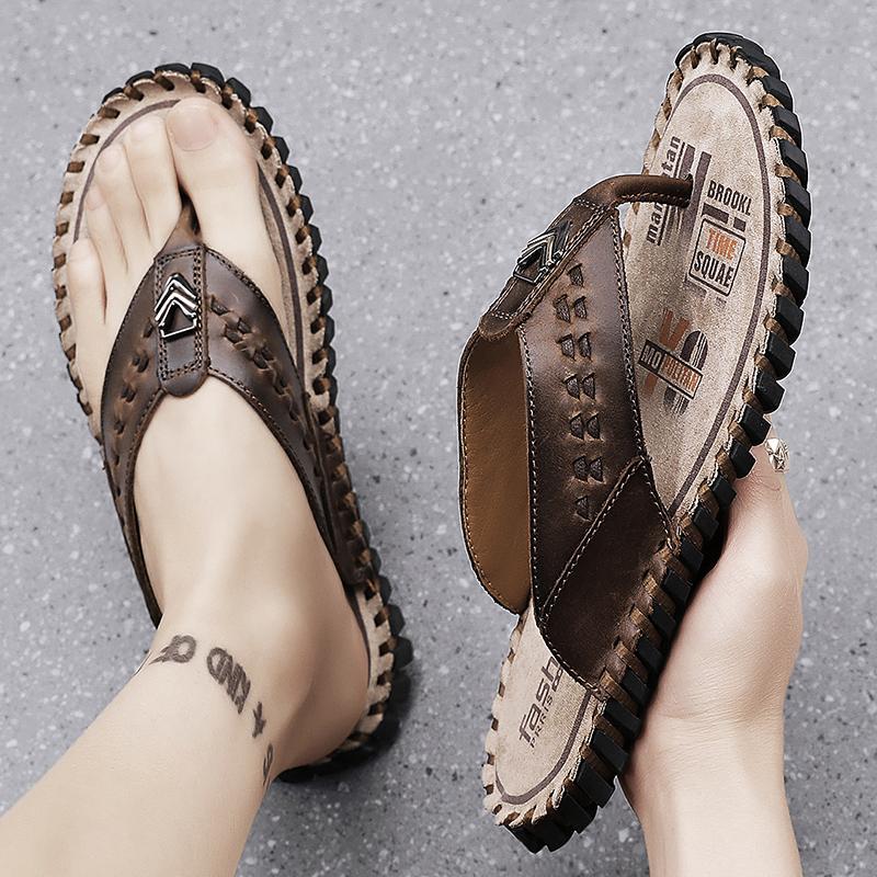 Fashion Golden Sapling Beach Flip Flops Summer Men's Shoes Genuine Leather Flats Retro Men Slippers Fashion Outdoor Slides Casual Shoe