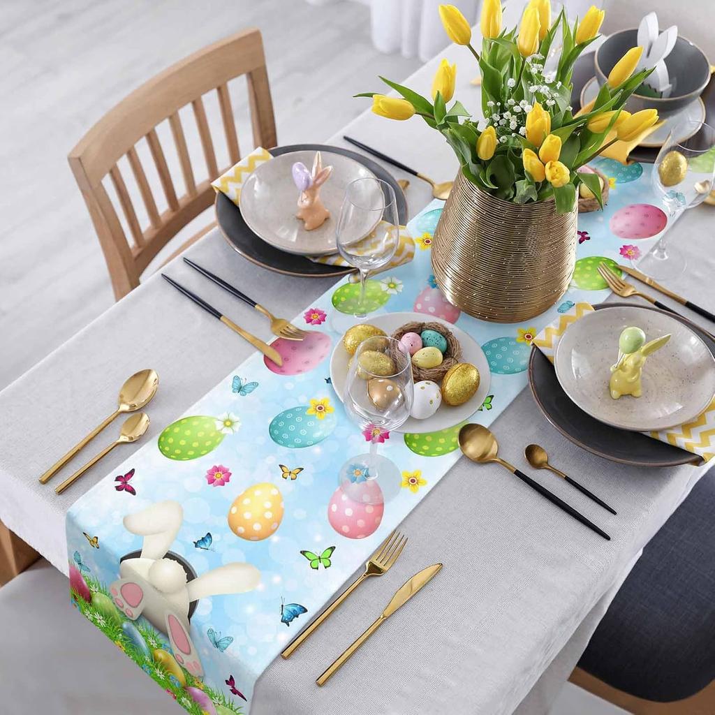 Easter Rabbit Eggs Butterfly Linen Table Runner Dresser Scarves Decor Spring Farmhouse Kitchen Table Runner Easter Decorations